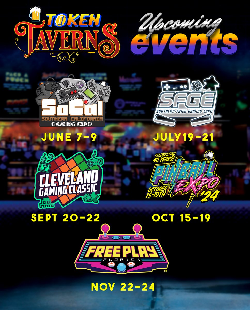 ChatGPT🎉 We're thrilled to announce our convention appearances with Token Taverns for the rest of the year! 🌟 Here's where you can find us:
Will you be attending any of these? Let us know! We'd love to meet you in person! #ConventionSeason #TokenTaverns #retrogaming #pinball
