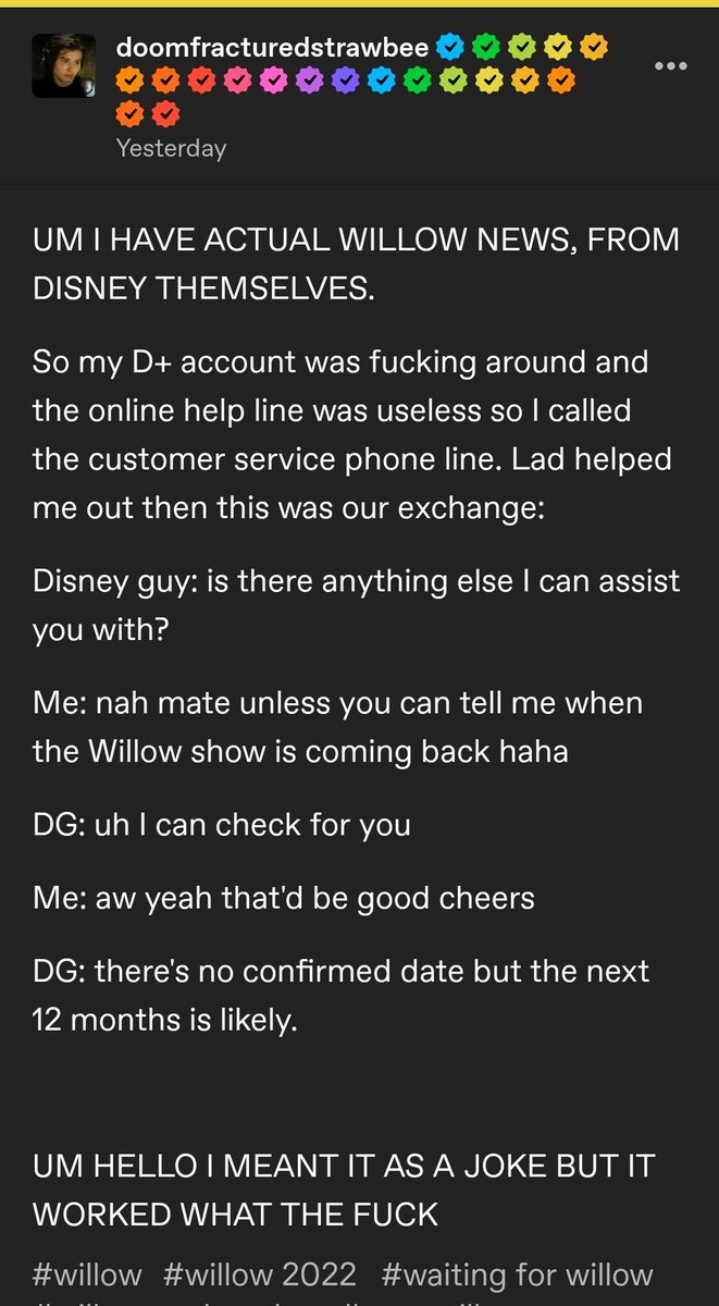 I live here now! I'm taking this and running with it... Thank you! 🙏❤️‍🔥
<a href="/Lucasfilm/">Lucasfilm</a> <a href="/DisneyPlus/">Disney+</a> 
#Willow #SaveWillow