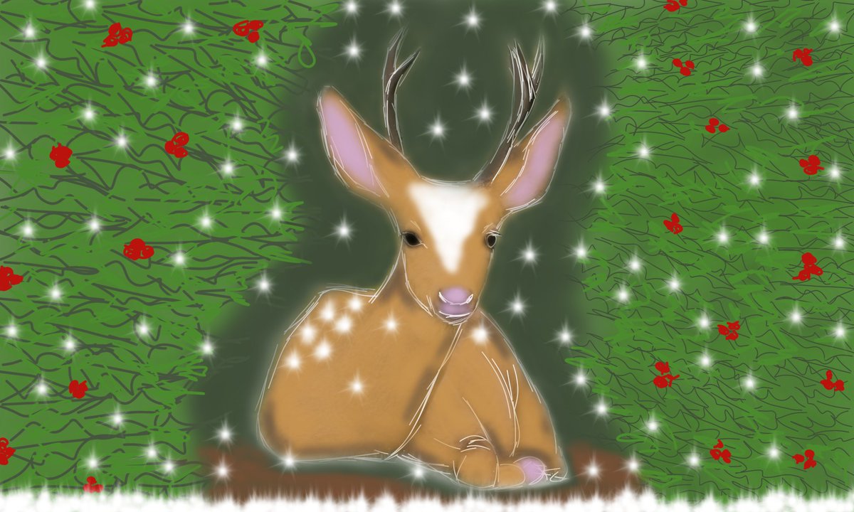 A picture of a deer taking shelter from the snow in a hedge I have drawn my own background but edited a photo #drawing #digitalart #artwork #Halifax #westyorkshire #happyvalley