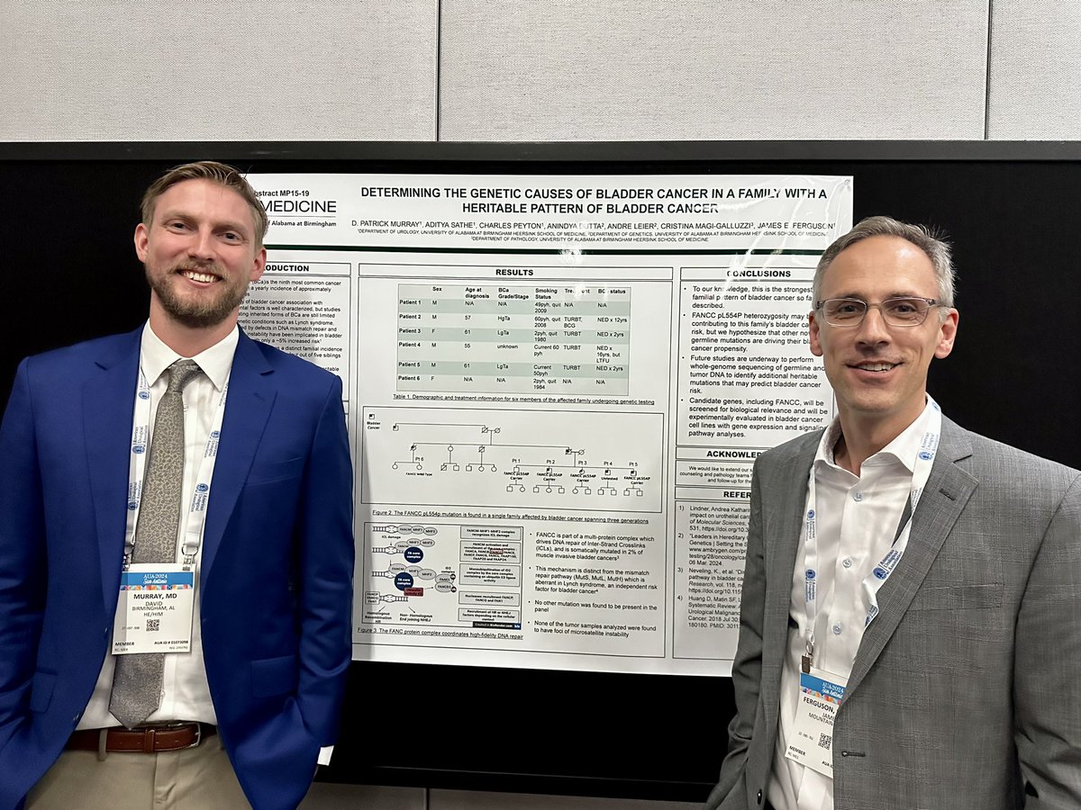 Superbly proud of @UABUroResidents PGY4 Patrick Murray for presenting 1st of its kind pedigree of hereditary bladder urothelial carcinoma with @UABUrology mentor @JedUro1 at @AmerUrological #AUA24