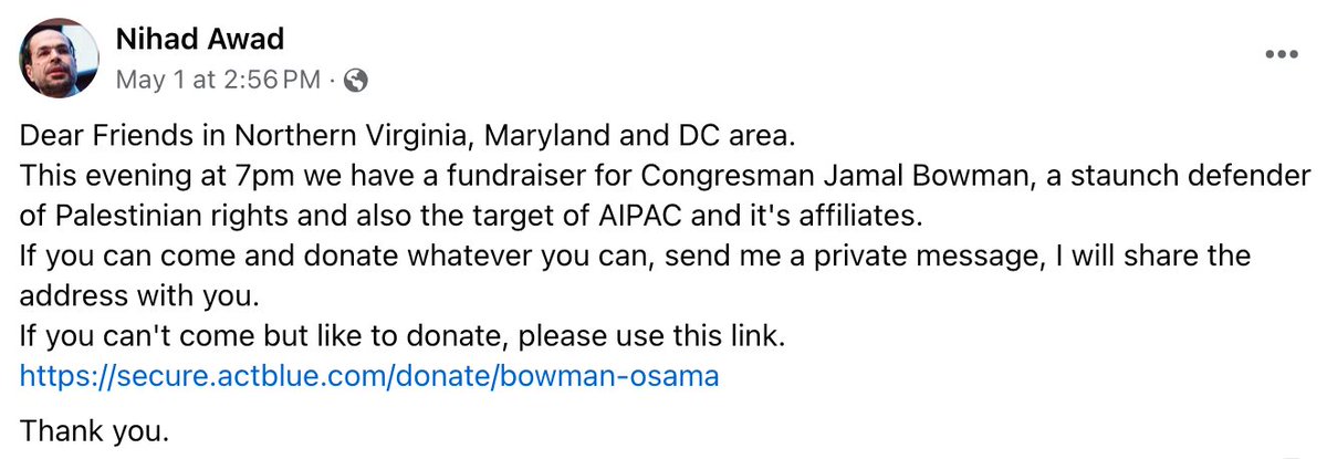 Just noticed: Among the co-hosts of a fundraiser for Rep. Jamaal Bowman on Wednesday was Nihad Awad, the CAIR leader whose comments celebrating Hamas' Oct. 7 attack on Israel were condemned by the White House. secure.actblue.com/donate/bowman-…