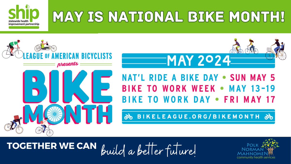 May is National Bike Month!

🚴‍♀️BIKING IS HEALTHY
🚴‍♀️BIKING IS FUN
🚴‍♀️BIKING SAVES MONEY
🚴‍♀️BIKING IS GREEN

#communitywellness #PNMSHIP #PNMBeWell #takeitoutside #community #wellness