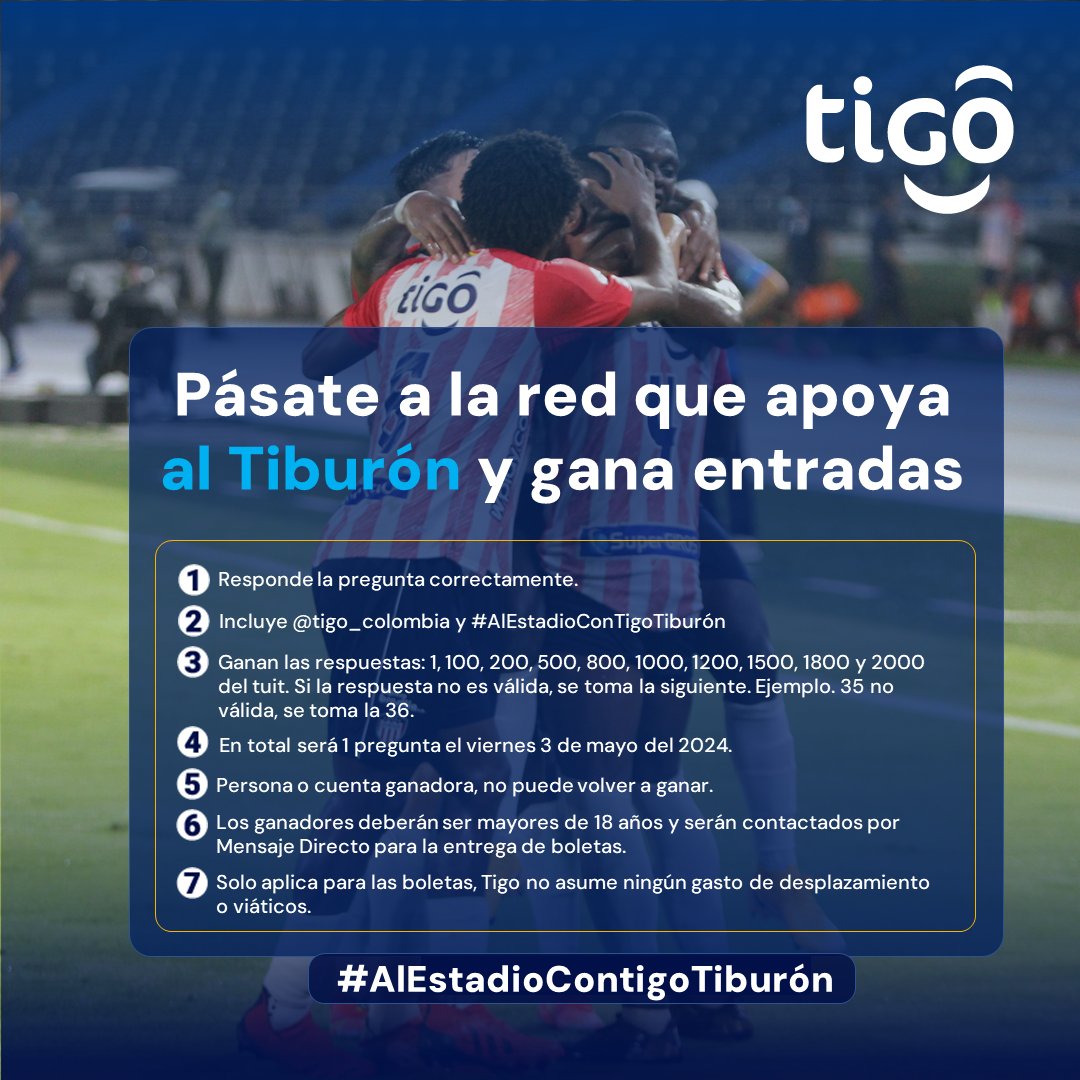 Juega @JuniorClubSA contra Millonarios y tú puedes ganar boletas para que vayas al estadio ¡Atentos a la dinámica! #AlEstadioConTigoTiburon ⚽ b.tigo.com/0305-junior