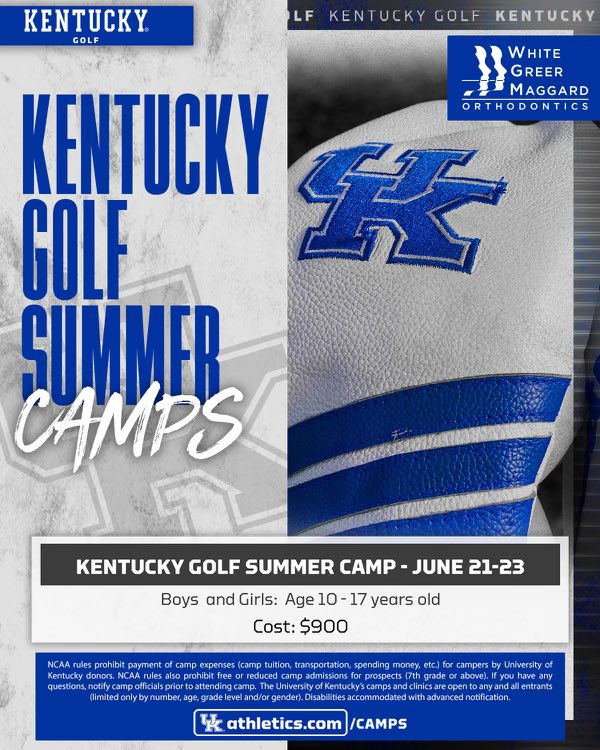 Kentucky Golf Camp!!! 🙌 Give your 10-17 year old the opportunity to learn from @UKCoachGolda, @UKCoachTodd and their staffs this summer! Register: tinyurl.com/w7pxuct4 ⛳️