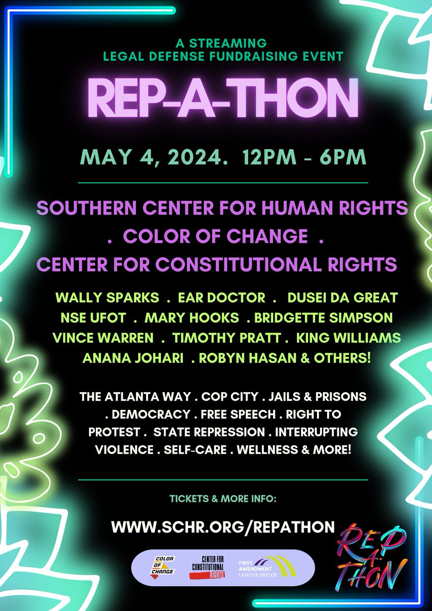 #RepAThon is tomorrow! Get ready as we welcome Atlanta’s finest along with @vyolet07 of @naacp_ldf and @VinceWarren of @theccr to talk about the global context of state repression and democracy. Join us by grabbing your tickets at schr.org/repathon.