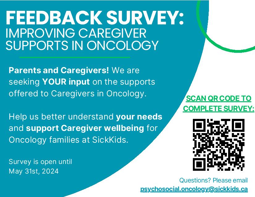 FYI from the @SickKidsNews Psychosocial Oncology team: Please consider completing this brief survey to help understand your needs and help plan future caregiver support initiatives: forms.office.com/r/SqpeDpvcDc