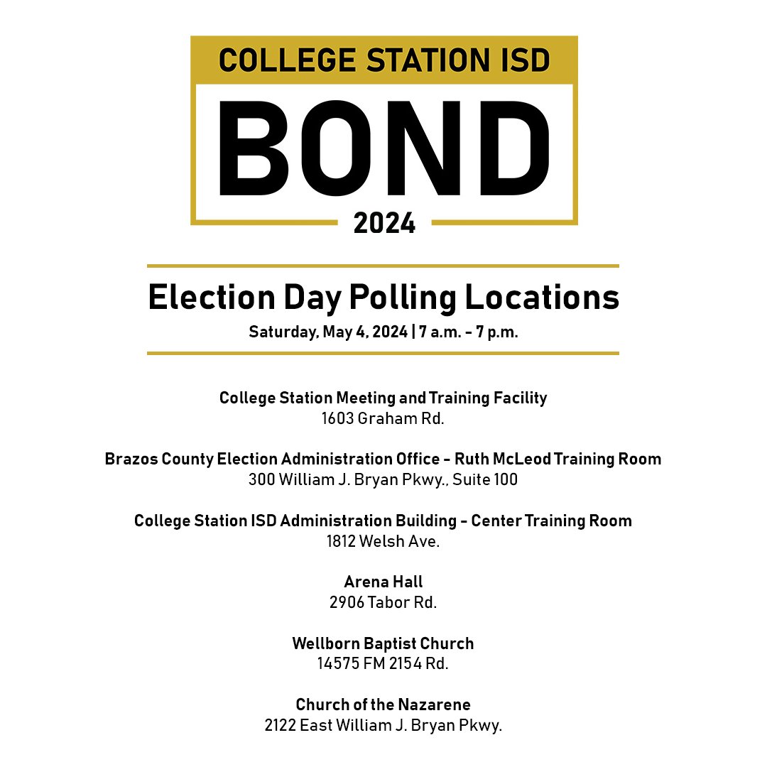 Election Day for the 2024 #CSISDBond is tomorrow, Saturday, May 4. Voting locations are open from 7 a.m. - 7 p.m. See you at the polls! More info: bond.csisd.org