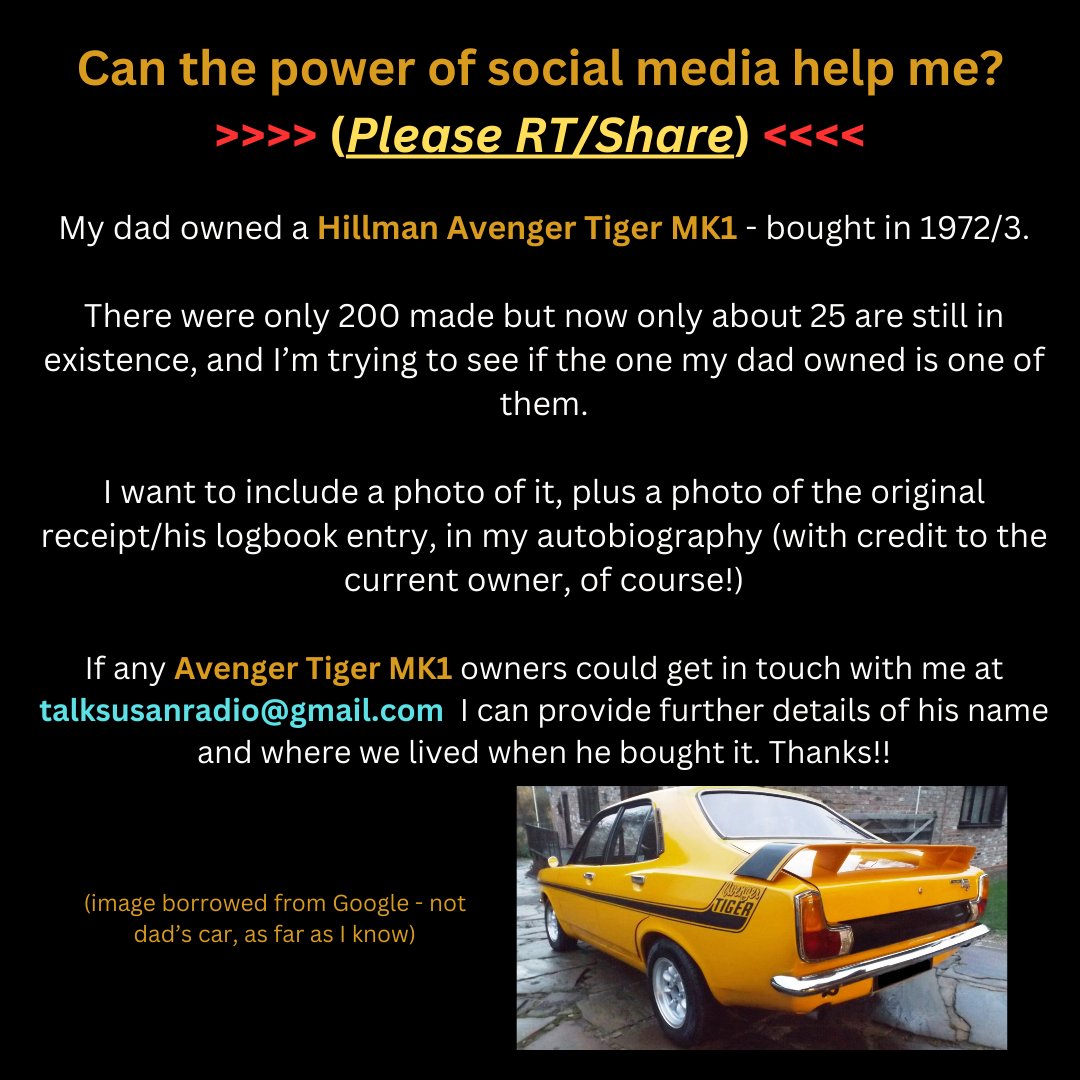 Could you please RT/Share this? Thank you!  

#avengertiger #hillmanavengertiger #hillman #avengertigermk1 #classiccars #classiccarsofinstagram #cars #carsofinstagram #carsoffacebook #carsoftwitter