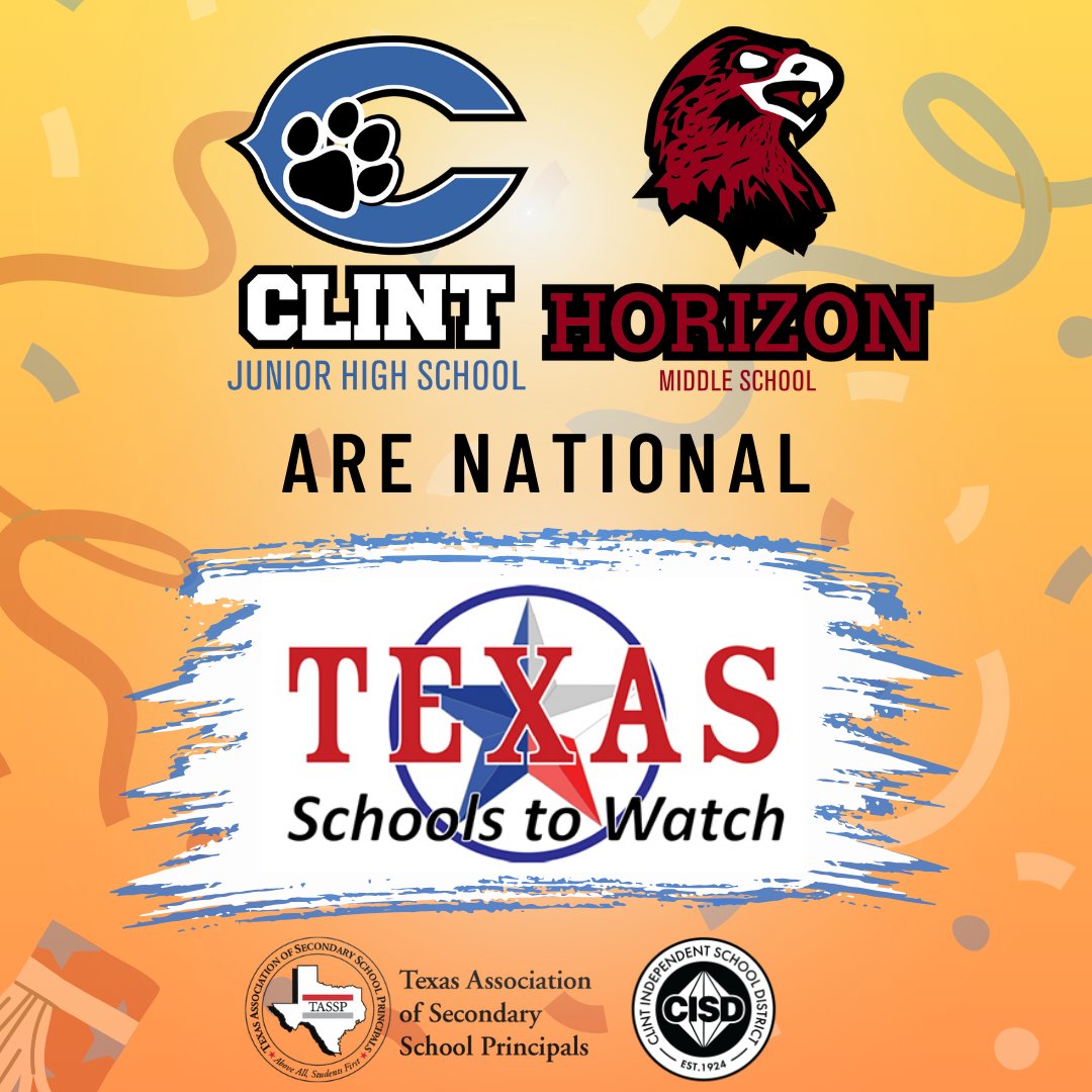 Congratulations to HMS & CJH for being recognized as a TASSP “Texas Schools To Watch”! These two campuses join Ricardo Estrada MS in this national & state honor. These 3 middle schools are high performing & are among only 70 schools in Texas with this honor. #WeAreClintISD