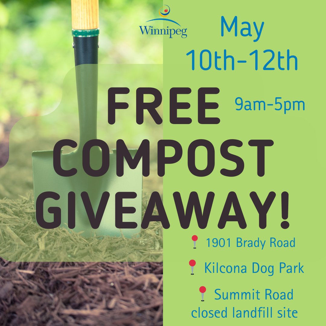 Looking to give your lawn and garden a healthy boost this spring? 🌱 The City of Winnipeg is having their free compost giveaway this weekend, from May 10-12th! From 9-5 (while quantities last). Check out the link to their website for all the info! legacy.winnipeg.ca/WaterAndWaste/…