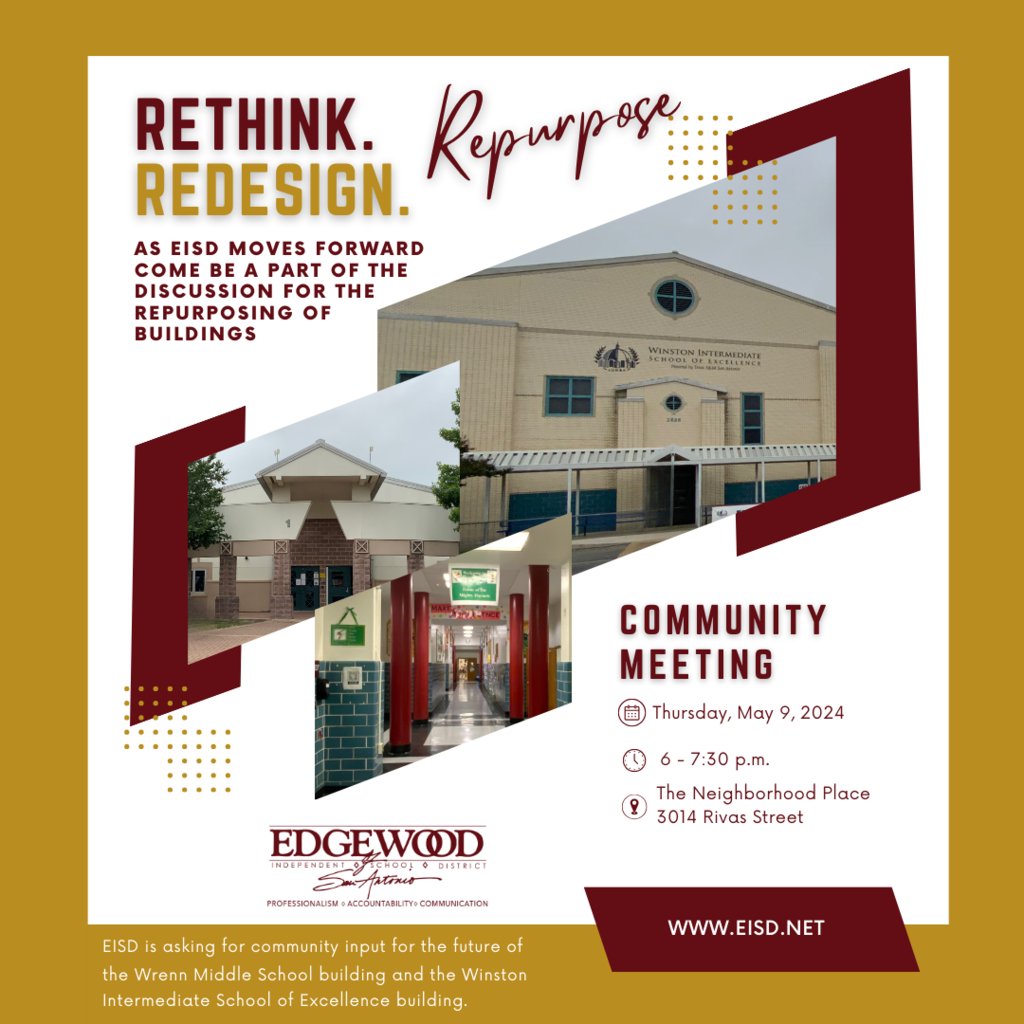 Save the Date! Join us for a Community Meeting about repurposing EISD buildings. 📅 Thursday, May 9, 2024 📍The Neighborhood Place, 3014 Rivas Street ⏰ 6 - 7:30 p.m.