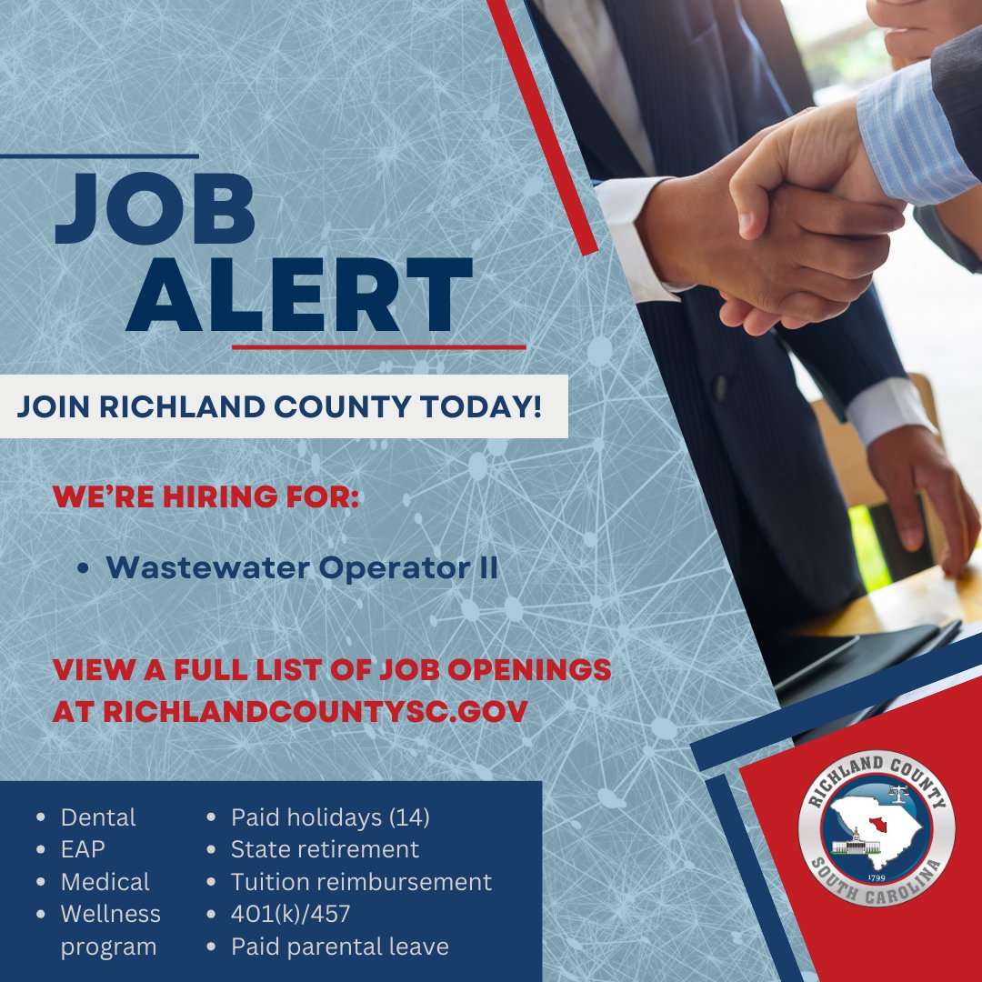 #RichlandCountySC Utilities is seeking a Wastewater Operator II to oversee operation, ensure quality control & maintenance of treatment plants, working out of the Broad River Wastewater Treatment Facility.

Apply at bit.ly/44dJz90.

#PerfectFit #RichlandCountyHires