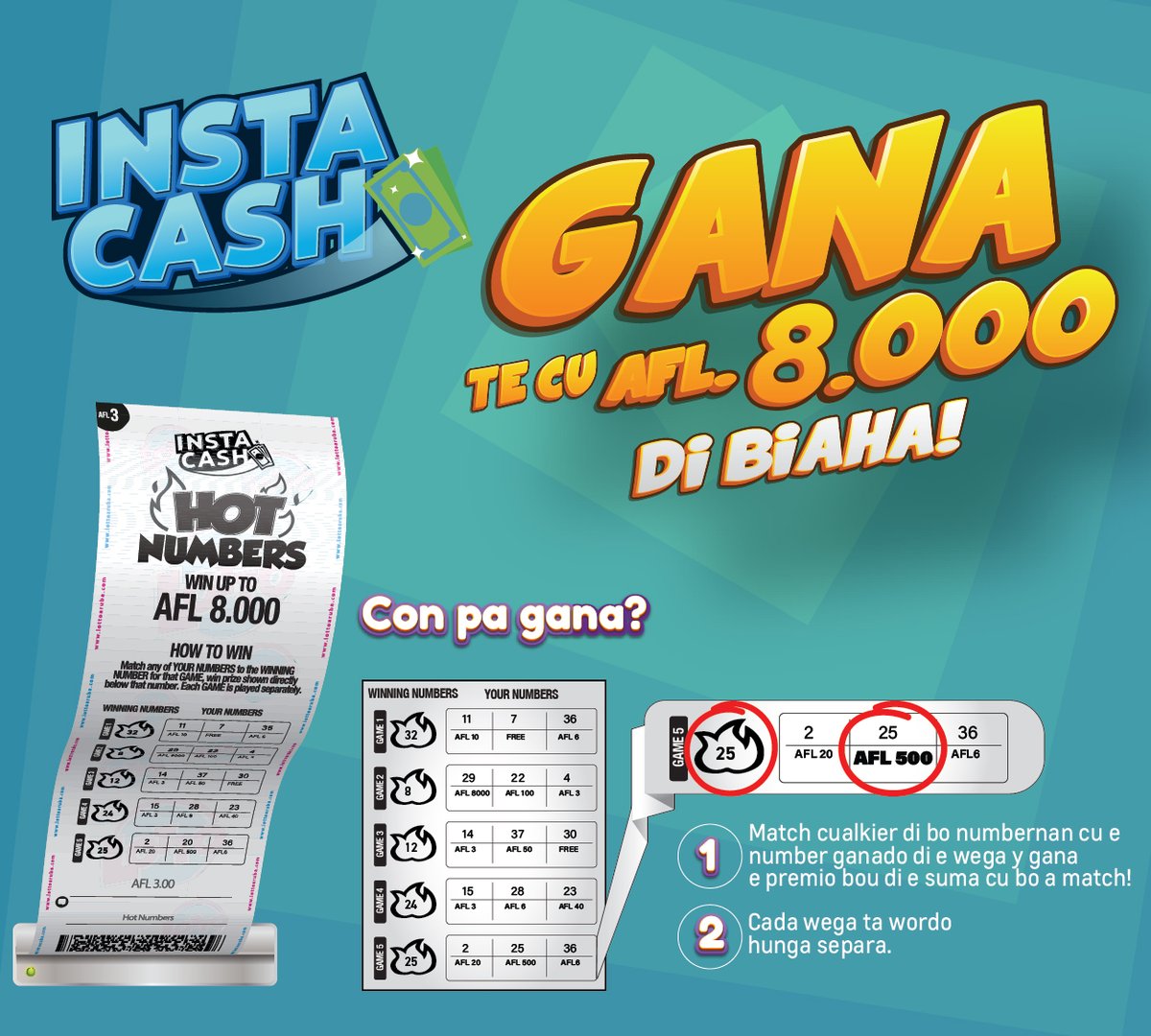 Abo a cumpra bo Hot Numbers caba? Pasa na bo rebendedo preferi y pidi pa bo Hot Numbers di Instacash! Cu solamente 3 florin bo tin chens di gana te cu 8️⃣ mil florin di biaha🎉

Hunga y Gana placa di biaha🤩

#lotto #cambiandobida #loteria #aruba #instacash #hotnumbers