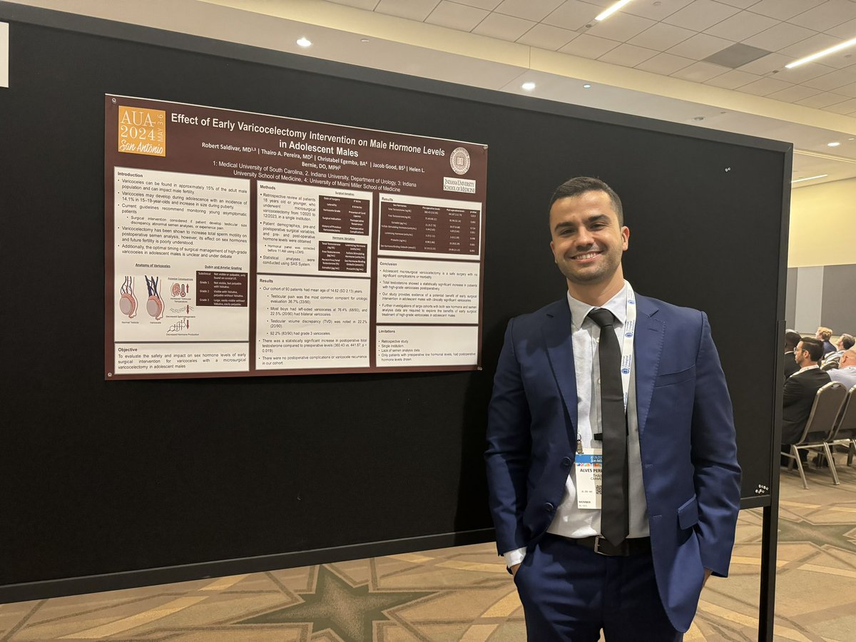 @thairopereira presenting our data @IUuro that Adolescent microsurgical varicocelectomy is a safe surgery w/ no significant complications or morbidity and was shown to increase TT levels postoperative in our patient population.
