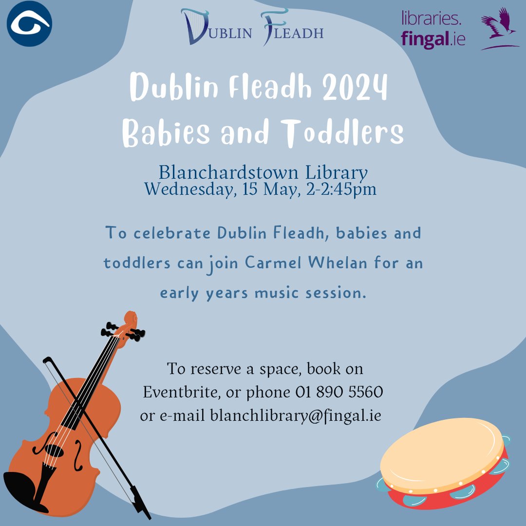 Celebrate Dublin Fleadh 2024 and bring along babies and toddlers to join Carmel Whelan for an early years music session in Blanchardstown Library on Wednesday 15 May 2024, 2-2:45pm. 🎻🪕🎵
@DublinComhaltas  @leinsterfleadh @comhaltas 
#dublinfleadh #fleadh #ceol #irishmusic