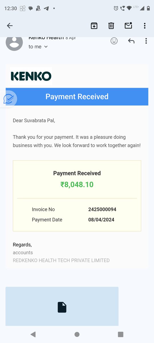 popun's tweet photo. @irdaindia @yourkenkohealth

Kenko health took around Rs 8000/ for an OPD policy on 8th April/24. They rejected the proposal on medical grounds but till date not refunded my amount. I have emailed them umpteen times but they have yet not refunded my amount. Screenshot attached. https://t.co/yI5FS1ZjtW