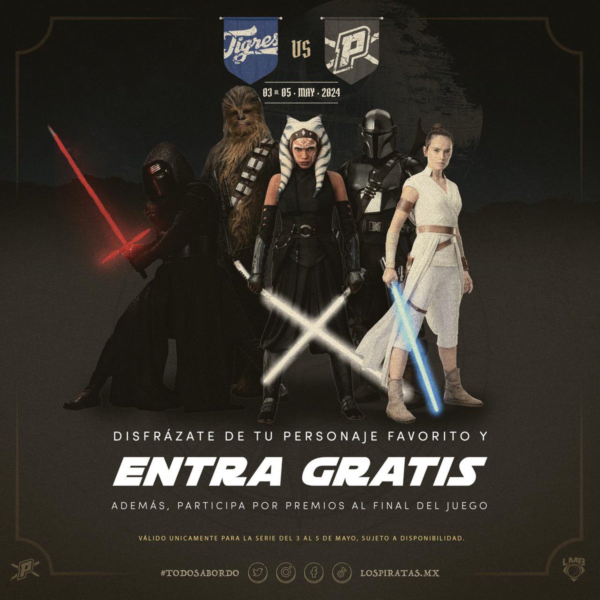 Disfrázate de tu personaje favorito de #StarWars y entra gratis a disfrutar del juego y todas las actividades que preparamos para ti. Ve con tu difraz a taquilla para escoger tu asiento en gradas laterales. #TodosABordo #LaCelebraciónDeLaGalaxia