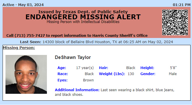 ACTIVE ENDANGERED MISSING ALERT for DeShawn Taylor from Houston, TX, on 05/03/2024