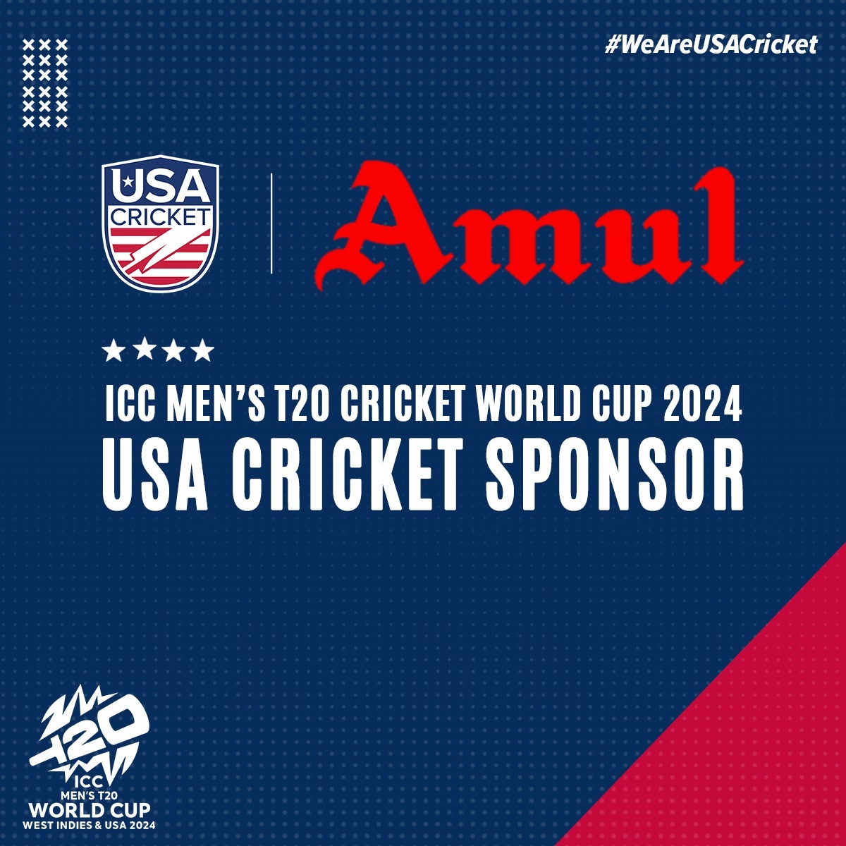 #Amul, the big cheese in the dairy world, is now the top sponsor for the USA Men’s Cricket Team at the T20 World Cup! Amul has a history of backing international teams in ICC events. With their support and our recent series win vs. Canada, our guys are ready to defend home turf