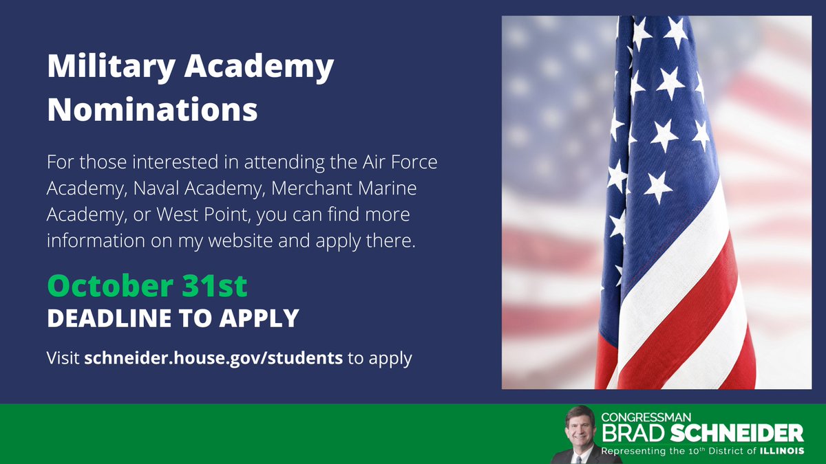Applications are open for U.S. Military Service Academy nominations. If you or your student is interested in attending West Point, the Air Force Academy, the Naval Academy, or the Merchant Marine Academy, please visit my website to learn more and apply. schneider.house.gov/students/milit…