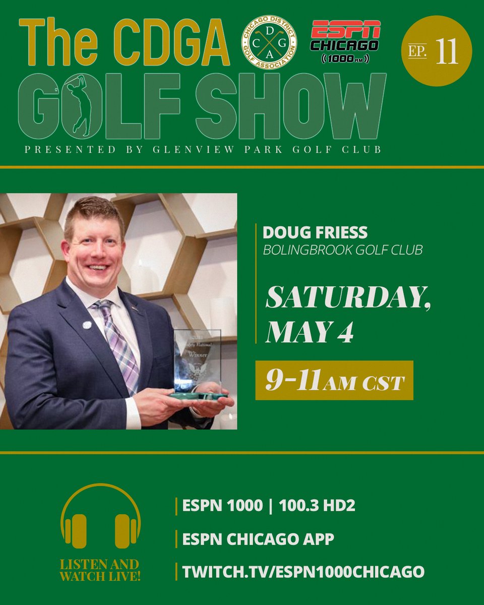 Another great episode on the 🕘! @BolingbrookGC GM Doug Friess is set to join CDGA Golf Show presented by Glenview Park Golf Club hosts @TylerAki_ and Mike Gilligan tomorrow to discuss the LIV Golf event coming to the club in September. Tune in to @ESPN1000 from 9-11 a.m.!