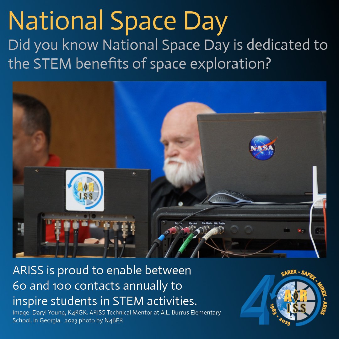 We're proud to celebrate National Space Day! ARISS and our predecessor groups have enabled more than 1,600 STEM contacts via #HamRadio over the last 40 years!