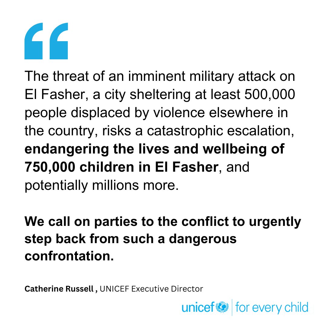 An attack on El Fasher would endanger hundreds of thousands of children, warns UNICEF Statement by UNICEF Executive Director Catherine Russell on situation in Darfur, #Sudan Read the full statement: bit.ly/4dDlZHh