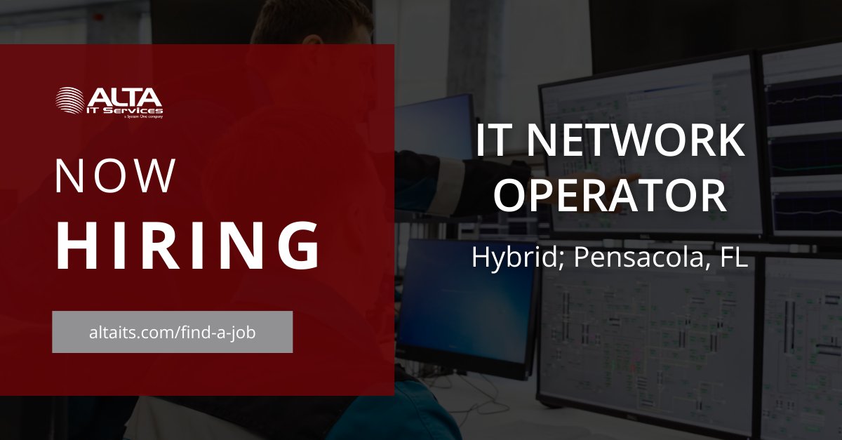 ALTA IT Services is #hiring an IT Network Operator for #hybrid work in Pensacola, FL.  
Learn more and apply today: ow.ly/7lGI50RvWYt
#ALTAIT #JobOpening #PensacolaFL #ITNetworkOperator #HybridWork #NetworkMonitoring #ITTerminology #NetworkTopology