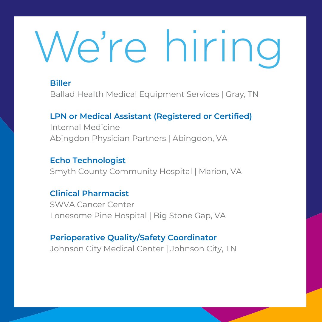 ⭐ Check out the top jobs we're hiring for this week! ⭐ Biller, Ballad Health Medical Equipment Services, Gray, TN: ow.ly/eiKT50Rv9tO LPN or Medical Assistant (Registered or Certified), Internal Medicine, Abingdon, VA: ow.ly/MQqf50Rv9tK #balladhealth #careers