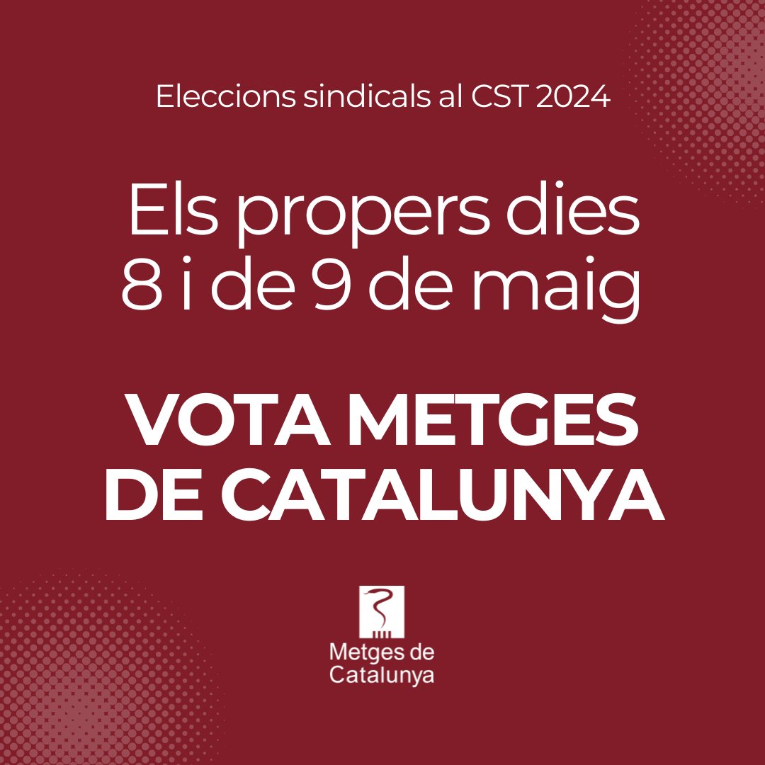 #EleccionsCST2024

Vota per tu!

A les eleccions sindicals del CST, aquests dies 8 i 9 de maig de 2024, vota Metges de Catalunya!