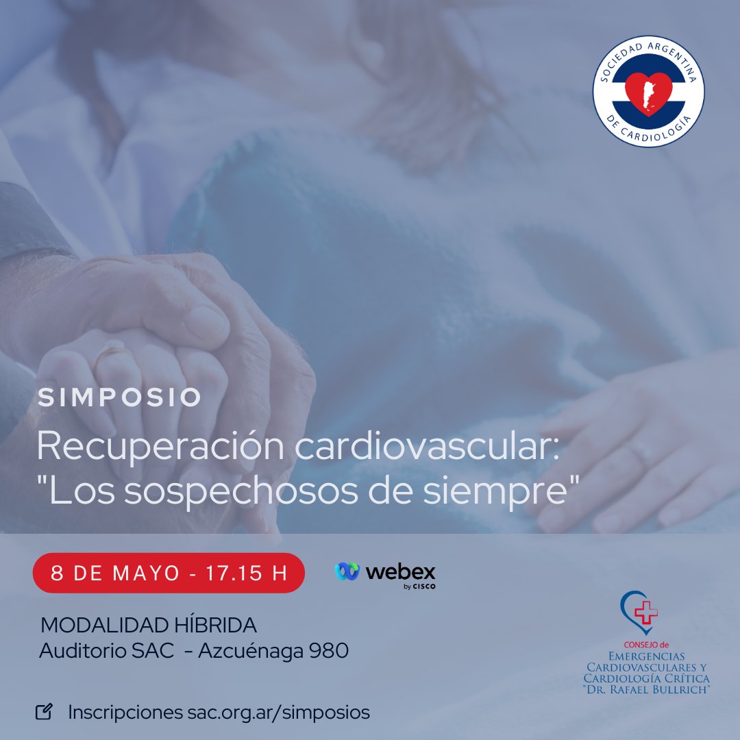 🔵Simposio de Recuperación cardiovascular 👉 “Los sospechosos de siempre”

📅Miércoles 8 de mayo
📌Modalidad híbrida 
📍Auditorio SAC: Azcuénaga 980

⏰ 15.15 h

✅Más información 👉🔗 sac.org.ar/evento/simposi…