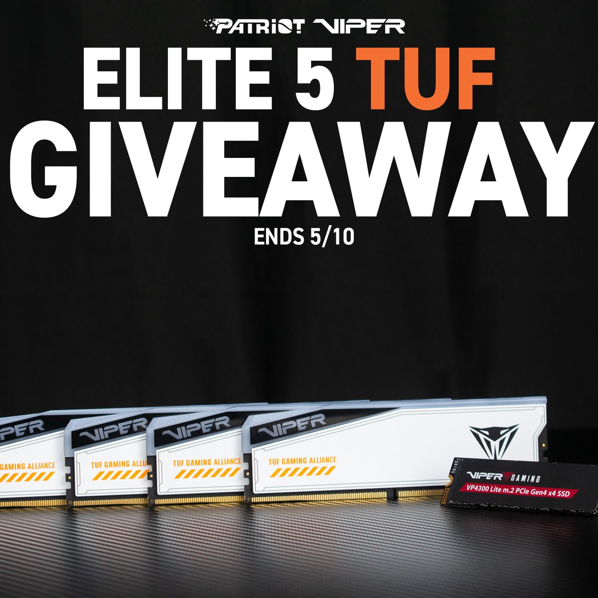 It's giveaway time 🧡 To celebrate the release of our Viper Elite 5 TUF Performance Memory, we're giving 2 kits of 32GB 6000MT/s Elite 5 memory and a 2TB drive of our Viper VP4300 Lite m.2 SSD to one of you 👀 US and Canada only Click here to enter 👉 patriotviper.com/elite-5-tuf-gi…