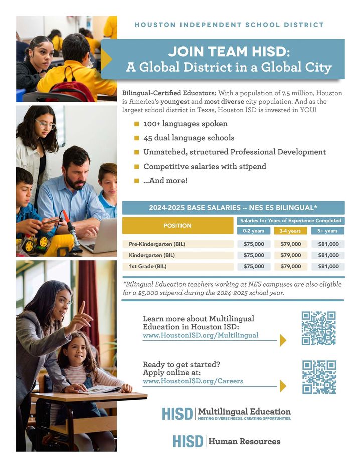 HISD is hiring! We are looking for bilingual-certified educators to serve our diverse student population in this growing global city. HISD is committed to excellence in the classroom by bringing on teachers who are passionate & motivated. Apply online now: bit.ly/44tXyre