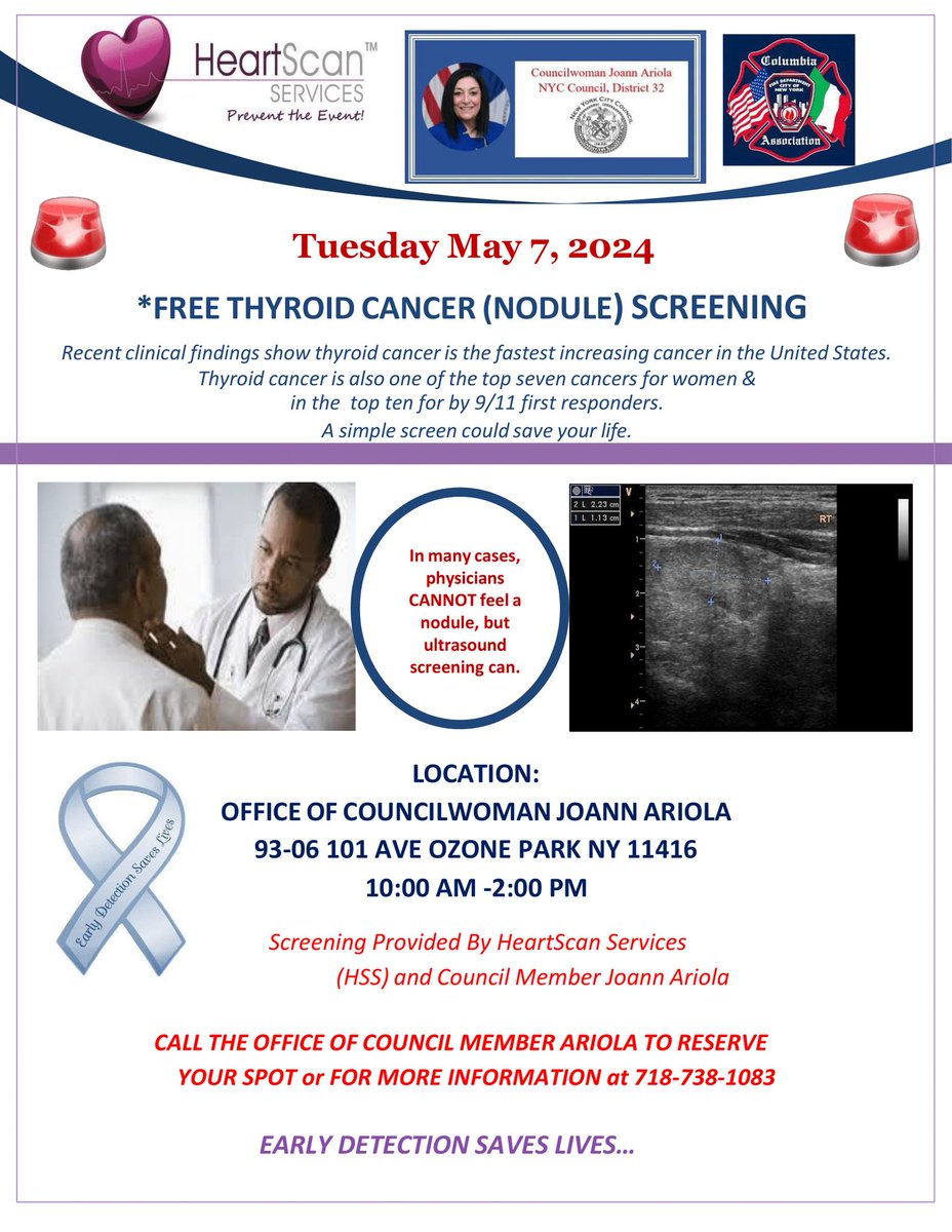 Last chance to register! Thyroid cancer is one of the fastest-increasing cancers in the United States, and often goes undetected in routine scans. That's why my office is partnering with Heartscan Services to bring FREE screening to District 32. Call my office at 718-138-1083…