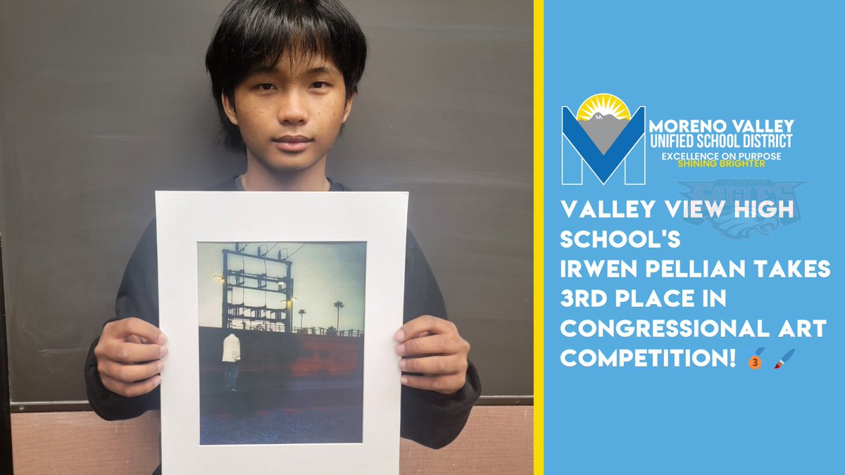 Irwen Pellian of Valley View High won 3rd place in the Congressional Art Competition! His piece, 'Am I the Only Negative?' will be showcased at Mark Takano’s office, earning him a congressional certificate. Congrats, Irwen and Art Teacher Lenore Hamel! 👏 #mvusdgobeyond