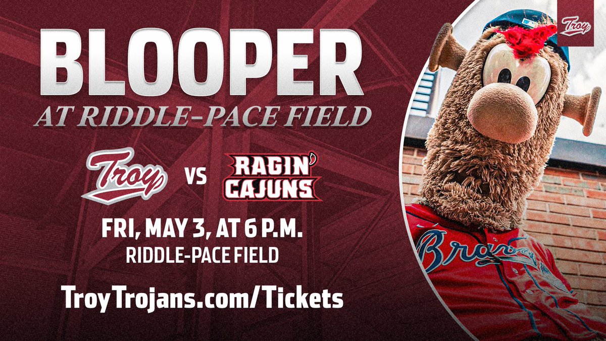 𝙔𝙊𝙐 𝘿𝙊𝙉’𝙏 𝙒𝘼𝙉𝙏 𝙏𝙊 𝙈𝙄𝙎𝙎 𝙏𝙃𝙄𝙎‼️ Blooper will be at Riddle-Pace Field tonight! Get your tickets NOW at TroyTrojans.com/Tickets #OneTROY⚔️⚾️