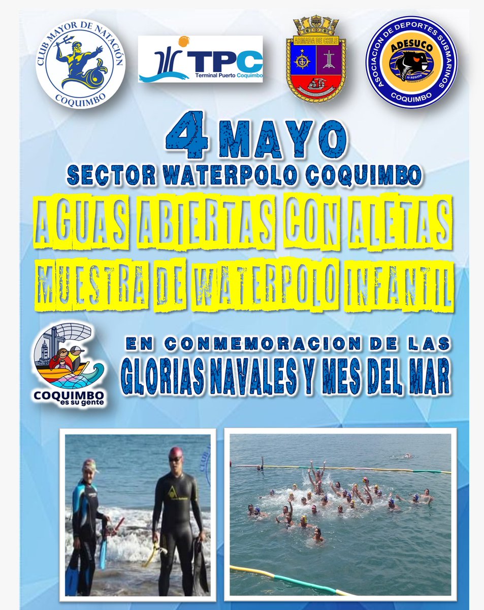 #POLICÍAMARÍTIMA en el marco de las actividades del #MesdelMar y día de la Glorias Navales, acompañanos en las actividades de natación y demostración deportiva este sábado 04 de mayo a contar de las 11:00 hrs. en el sector 'Waterpolo' de Coquimbo.  @tvnredcoquimbo @eldia_cl