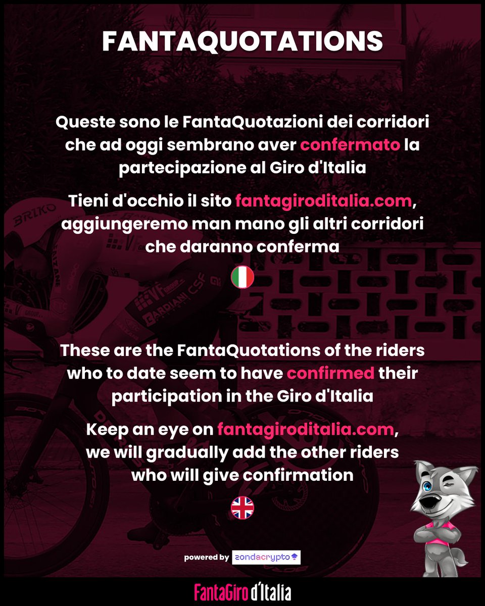 FantaQuotations powered by @zondacrypto: VF Group - Bardiani - CSF - Faizané

⬇️ Check out the riders' FantaQuotations below ⬇️

#fantagiroditalia #giroditalia #cycling