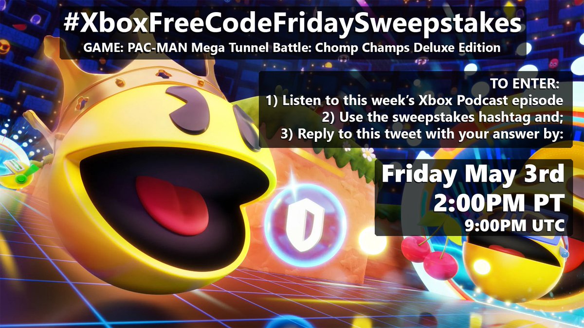 🚨 #XboxFreeCodeFridaySweepstakes is here! This week's prize is a code to unlock PAC-MAN Mega Tunnel Battle: Chomp Champs Deluxe Edition! The question you need to answer is found in this week's episode of the Xbox Podcast here: news.xbox.com/en-us/podcast/… Reply to this tweet with…