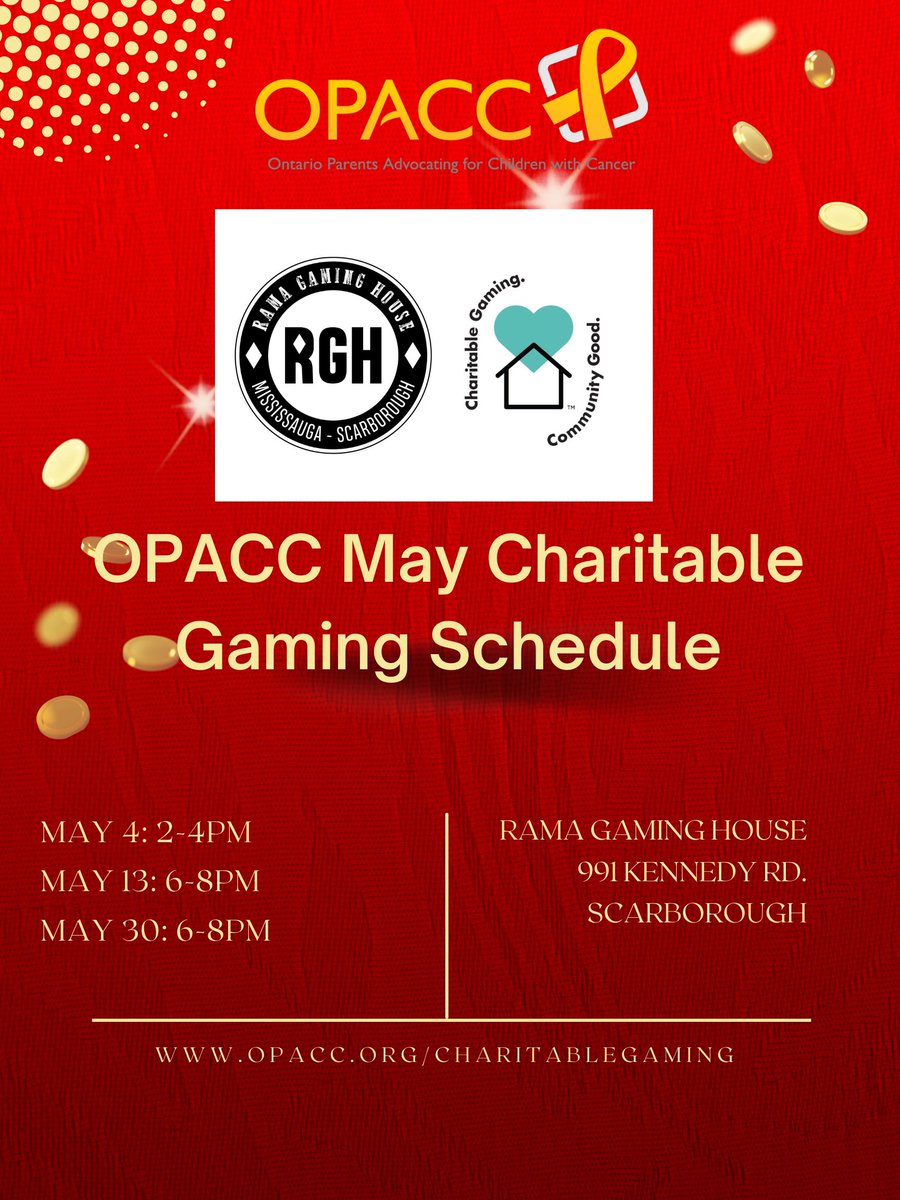 OPACC volunteers will be at the @RamaGamingHouse #Scarborough location today from 2-4PM for our #charitablegaming event to raise funds for our Toronto #childhoodcancer families. More #volunteers needed (aged 19+)! opacc.org/charitablegami…