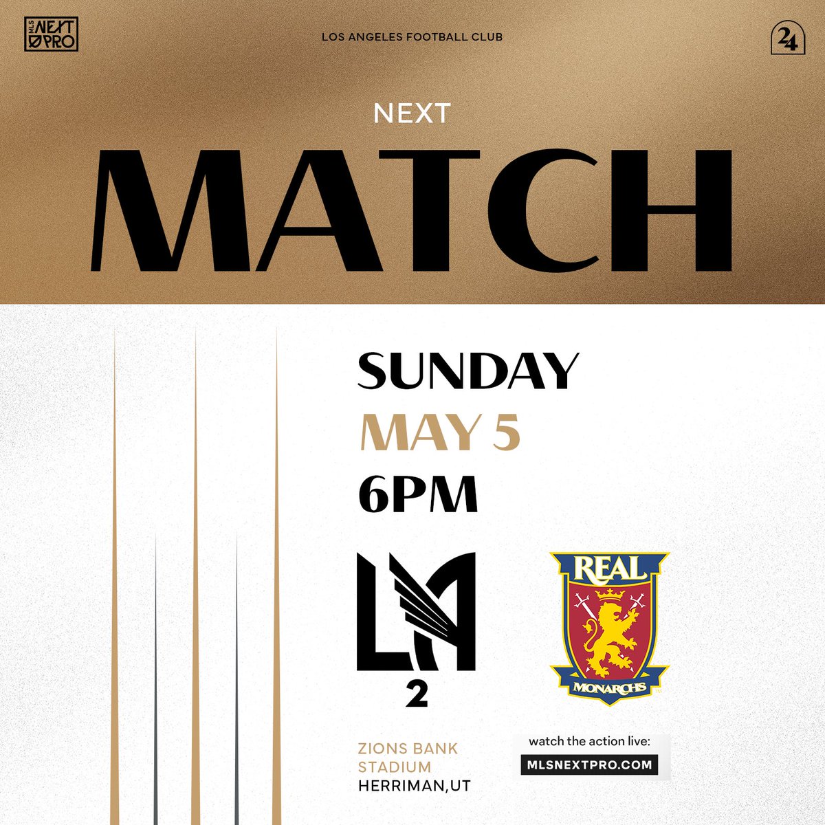 Next up.

🆚 @RealMonarchs 
🏟️ Zions Bank Stadium
📅 Sunday, May 5
⏰ 6 PM PT
📺 MLSNextPro.com