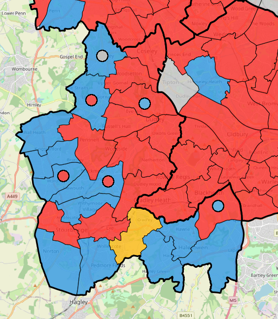 Dudley results in the Black Country near Birmingham. Important council, since it's full of tight Parliamentary seats, and every councilor was up. Labour and Tories tied at 34, with the 3 Lib-Dems likely to side with Labour here.

3 councilors per ward, dot means ward went 2 to 1