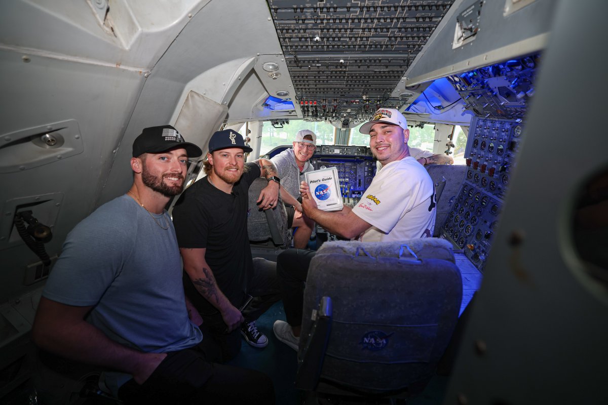 Like big kids on a field trip 🚀 @tsauce7, Gabe Speier, Trent Thornton, @Tyson_Miller07 and Cody Bolton spent their day off at @SpaceCenterHou. #WheelsUp | @AlaskaAir