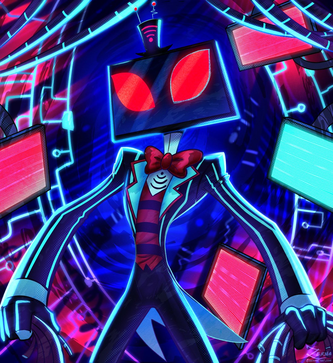 Vox is rewiring some monitors to try new strategies to spy on Alastor, naturally.
Fun piece to color up before covid really hit me after Lvl Up Expo, this week =w=;
#Hazbinhotel