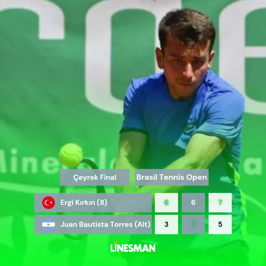 🎾 Milli raketimiz Ergi Kırkın (@kirkinergi), Brasil Tennis Open'ın çeyrek finalinde Juan Bautista Torres'i 6-3, 6-7, 7-5 mağlup ederek yarı finale yükseldi.

#TürkTenisi • #ErgiKırkın