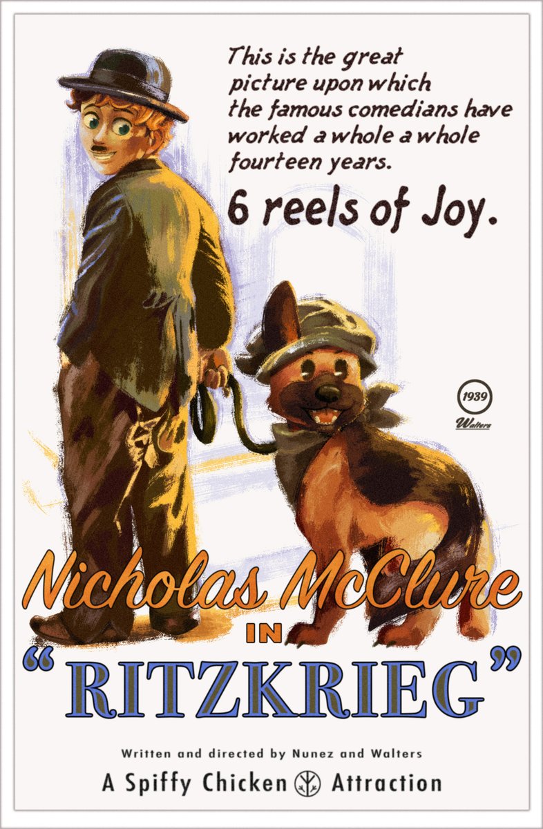 Been working on some parody posters using original characters, this story is about old Hollywood so it only makes sense yeah? Here Nicky and Heinz are posing as Charlie Chaplin in The Kid!