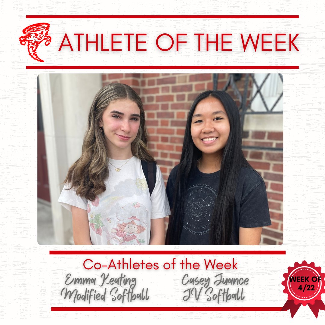 Congratulations to Casey Juance and Emma Keating who are the Tuxedo Tornadoes Co-Athletes of the week for April 22!  #TUFSD #ATOW #softball #teamleaders