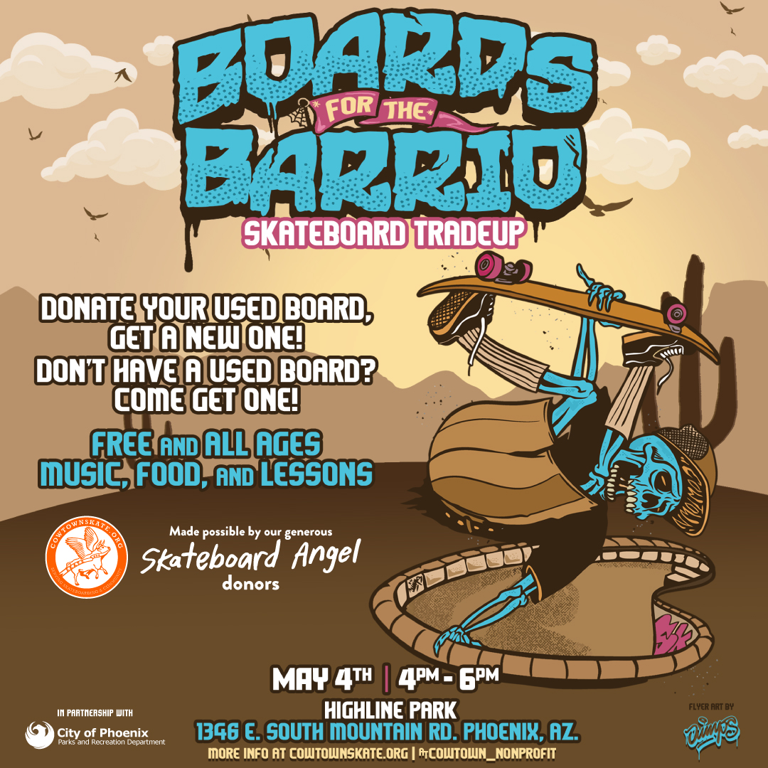 🛹 Get ready for Boards for the Barrio! Trade in your old skateboard for a new one on May 4th at Highline Park. No board? No problem! Come get one. 🌟 Free entry, fun lessons, great music, and tasty food await you! All ages welcome. 🎉🎶 📅📍 May 4th @ 1346 E South Mountain Rd