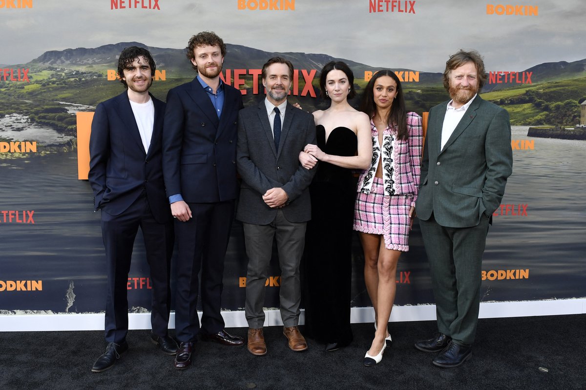 Charlie Kelly, Chris Walley, Will Forte, Siobhan Cullen, Robyn Cara and David Wilmot attend the premiere of Netflix's new series BODKIN at the Tudum theater in Los Angeles