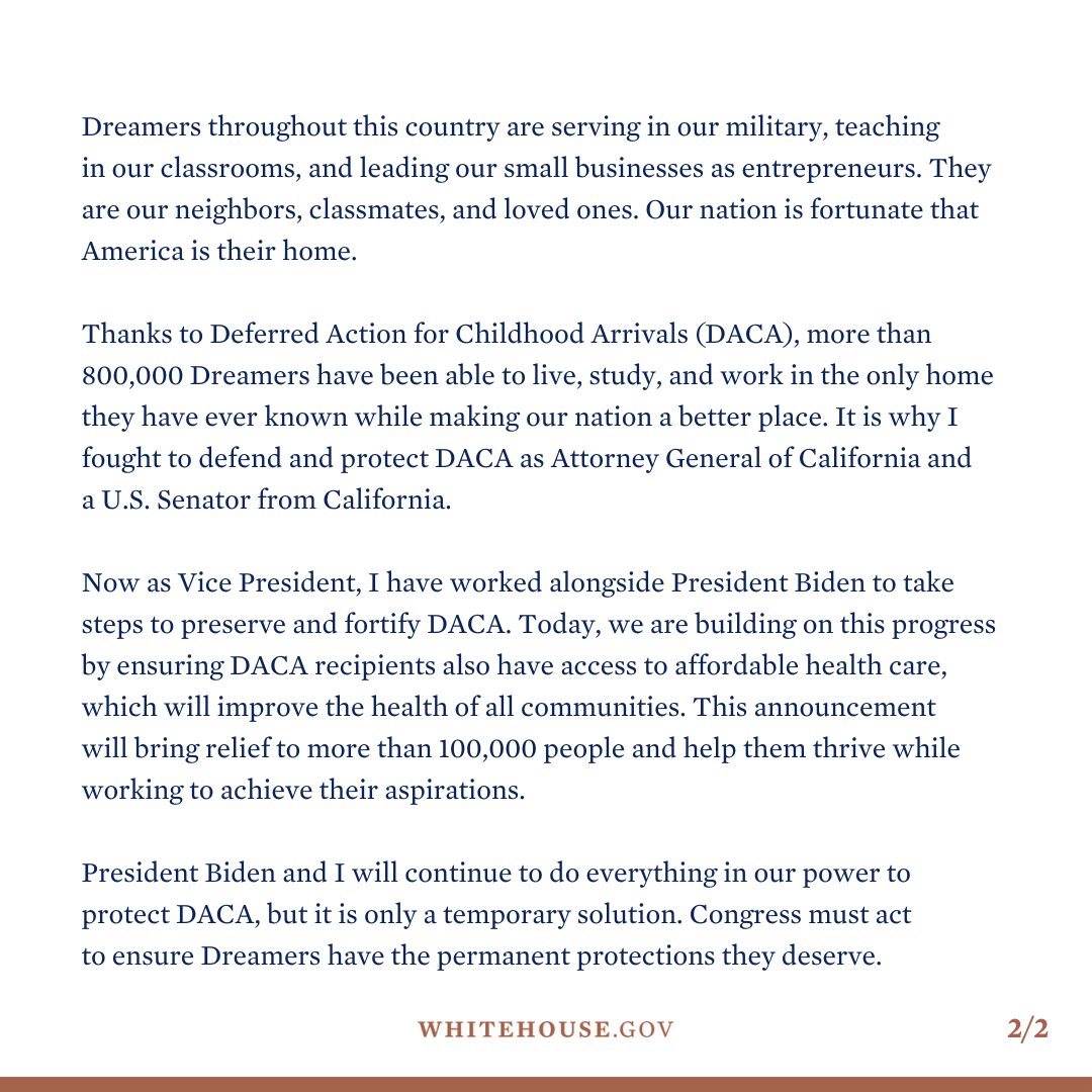 President Biden and I have taken steps to preserve and fortify DACA. Today, we are building on this progress by ensuring DACA recipients also have access to affordable health care, which will improve the health of all communities.